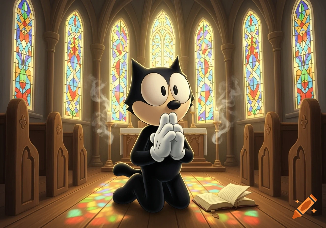 Felix the Cat, a black cartoon cat, kneels with clasped paws, praying in a detailed church with colorful stained glass windows and wooden pews.
