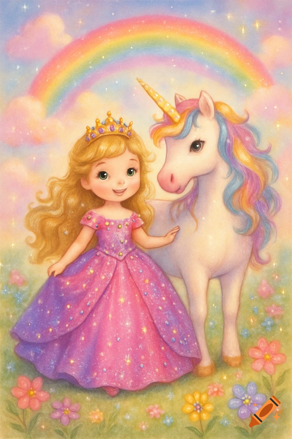 A cute cartoon princess with blonde hair and a sparkly pink-purple dress stands next to a white unicorn with a rainbow mane, under a rainbow.