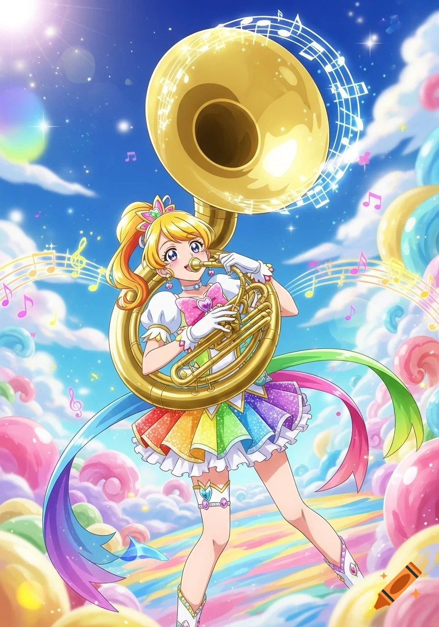 A bright anime girl with blonde hair in a rainbow skirt plays a golden sousaphone under a blue sky with colorful, fluffy clouds.