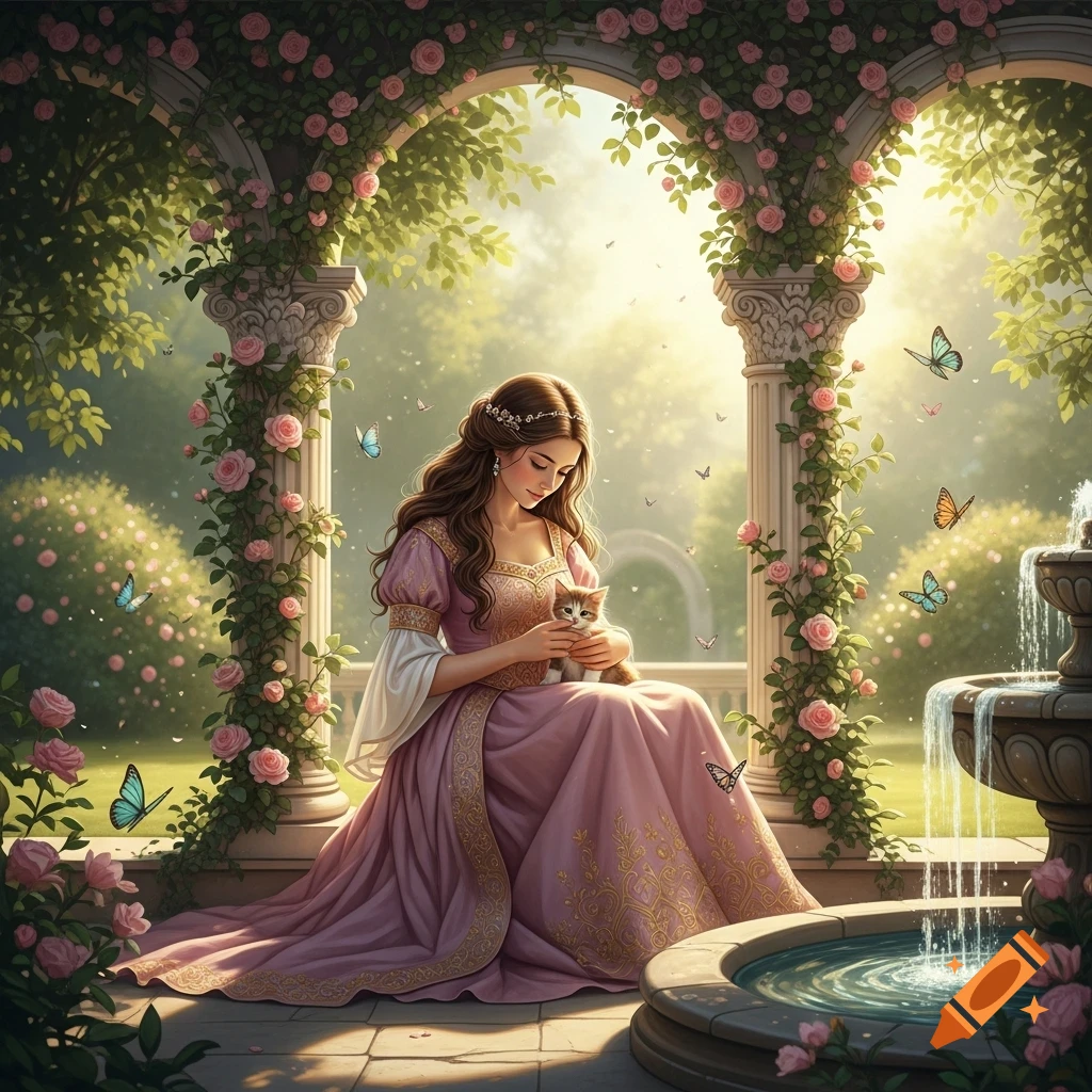 A princess in a pink gown pets a small kitten in a beautiful, sunlit rose garden with a fountain and butterflies.
