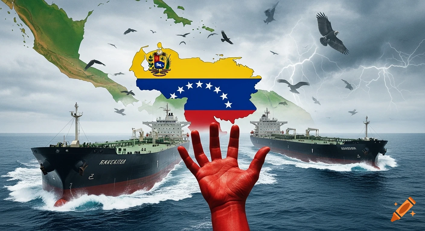 An illustration showing a map of Central America and Venezuela, with the Venezuelan flag overlaying the country. Two large oil tankers are in the ocean below, while a red hand reaches up from the water. Eagles fly and lightning strikes in the stormy sky.