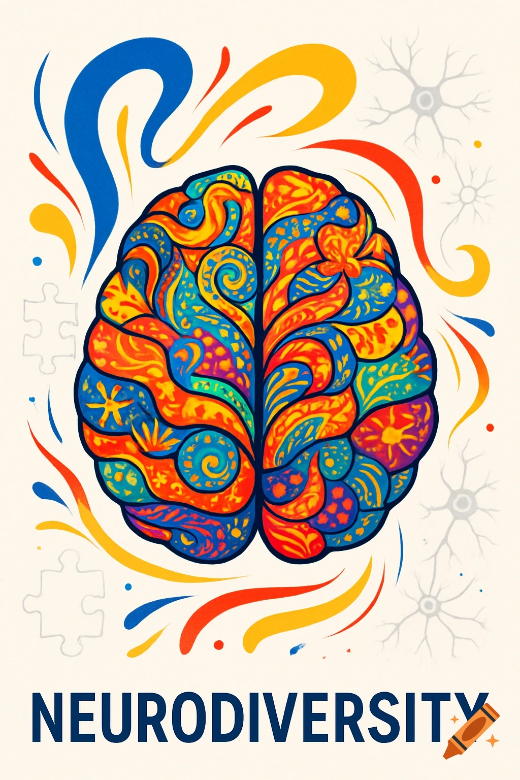 A vibrant, abstract illustration of a human brain with colorful patterns, surrounded by swirls and puzzle pieces. The word NEURODIVERSITY is at the bottom.