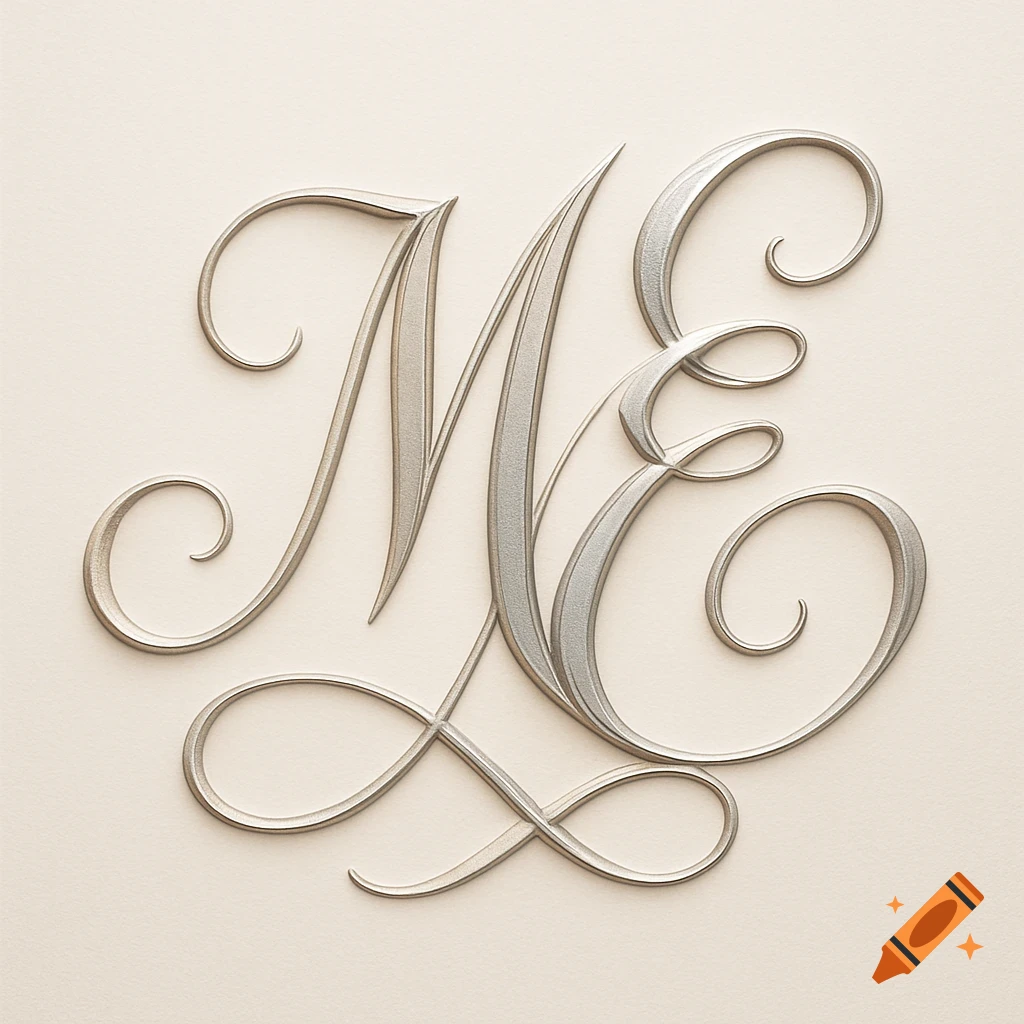 Elegant silver calligraphic letters 'M' and 'E' intertwined on a beige background.