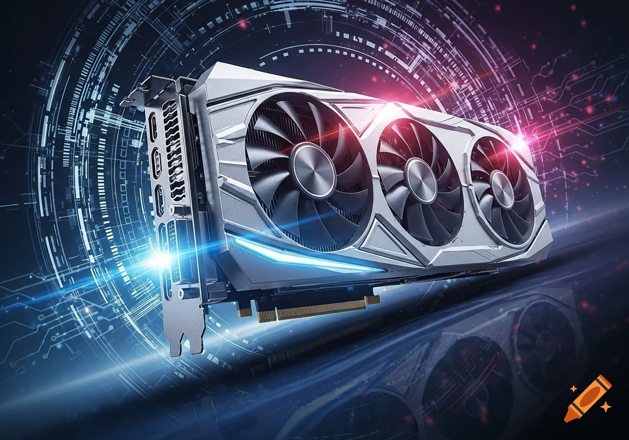 Photorealistic graphics processing unit (GPU) with three fans and blue/red light accents on a dark, circuit-like background.