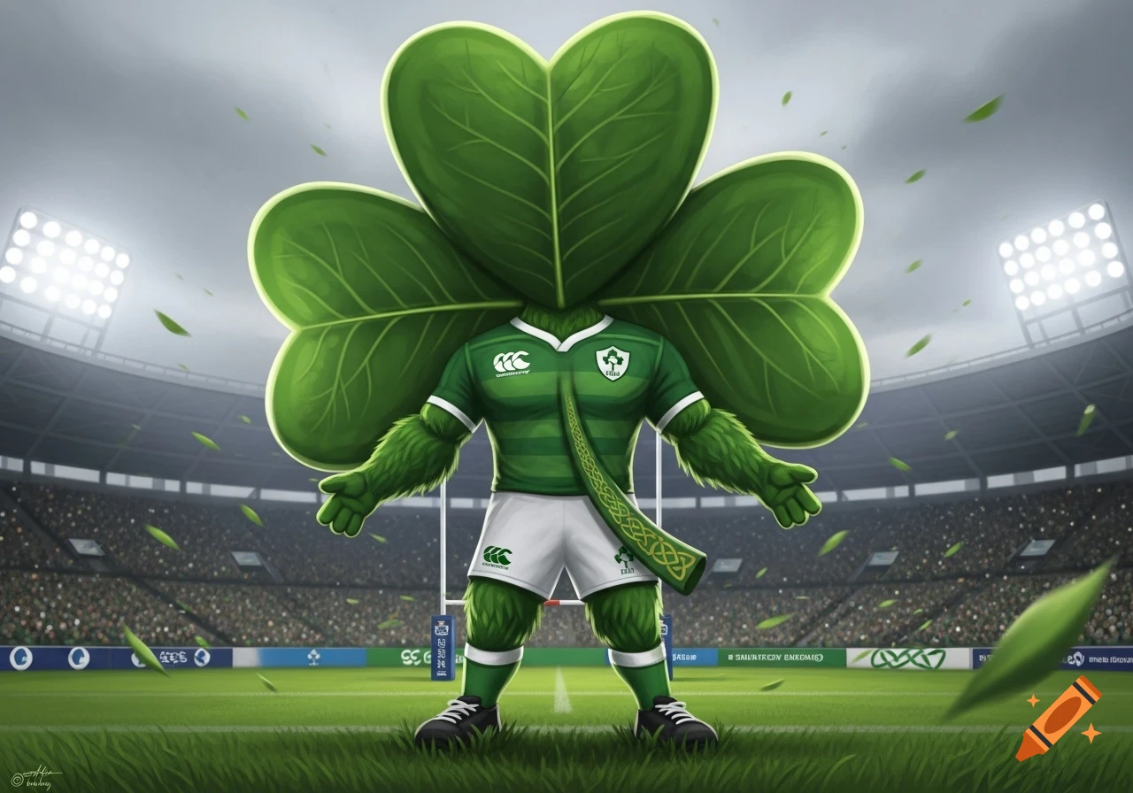 A cartoon Irish rugby shamrock mascot with furry green arms and white shorts stands in a stadium with flying leaves.