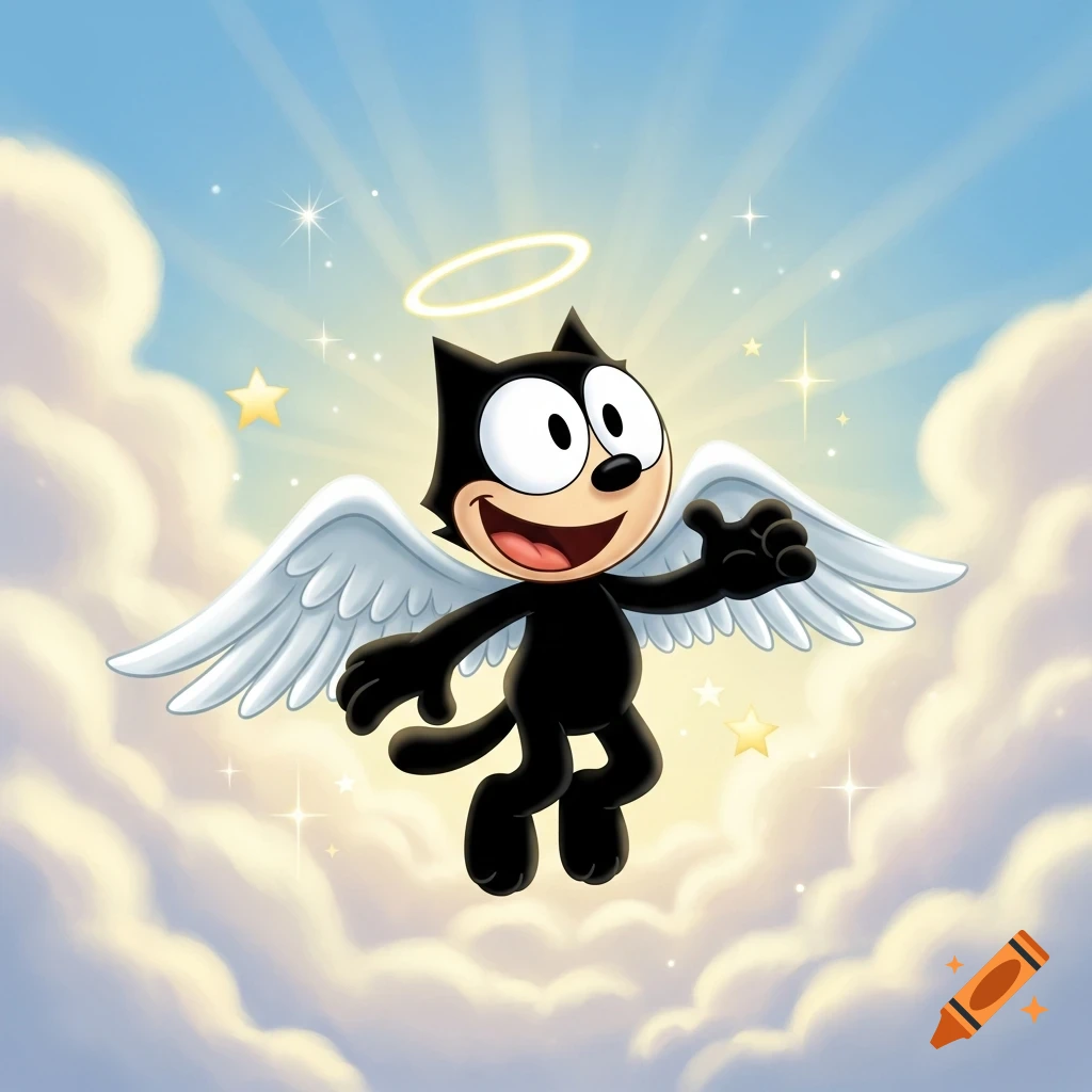 Felix the Cat, depicted as an angel with white wings and a halo, happily flies through a sunny, cloudy sky with stars in a cartoon style.
