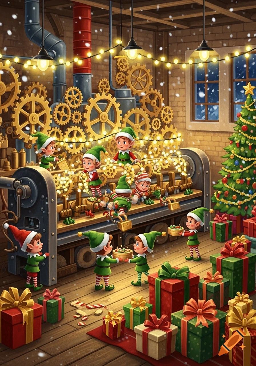 Christmas elves in a festive workshop, decorating a large gear machine with lights and preparing gifts, with a Christmas tree nearby.