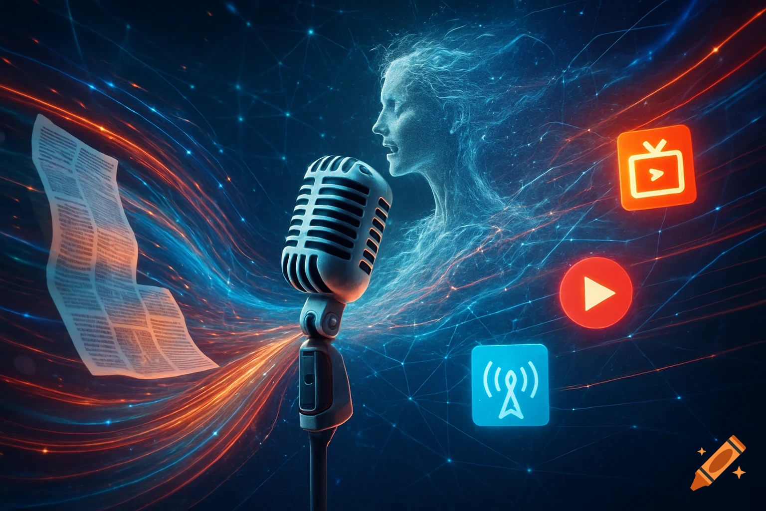 A vintage microphone, an ethereal glowing woman's profile, a document with unreadable text, and icons for TV, play, and wifi, against a dark background with blue and orange data streams.