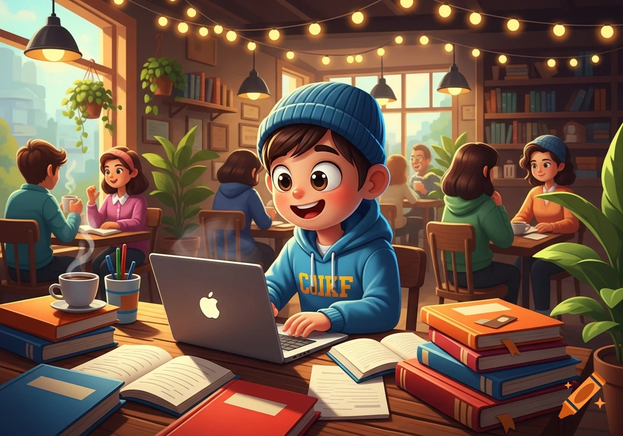 A smiling cartoon boy in a blue hoodie types on a laptop at a table in a busy cafe, surrounded by books and other students.
