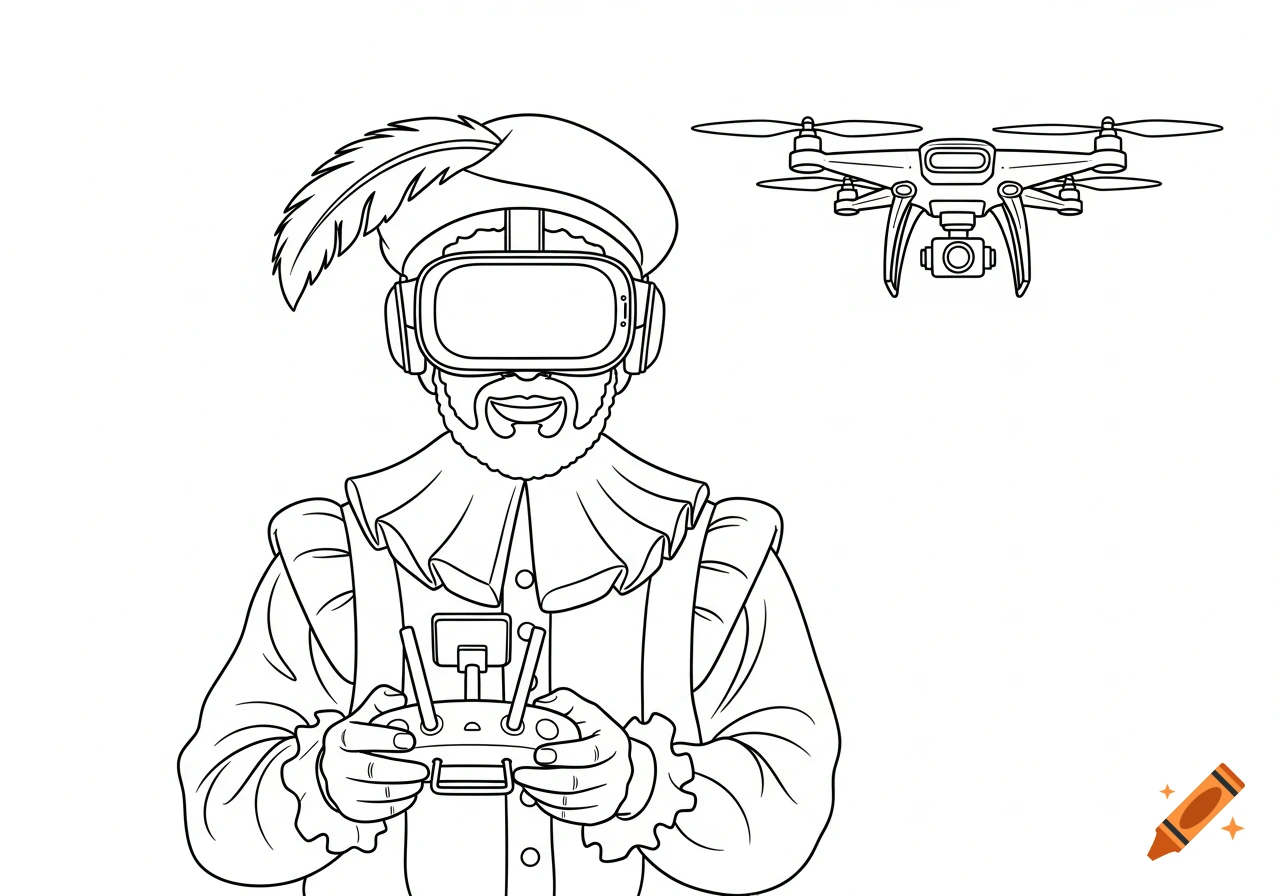 A line art drawing of a man in a feathered hat and ruffled collar wearing a VR headset, holding a drone controller, with a drone flying above.
