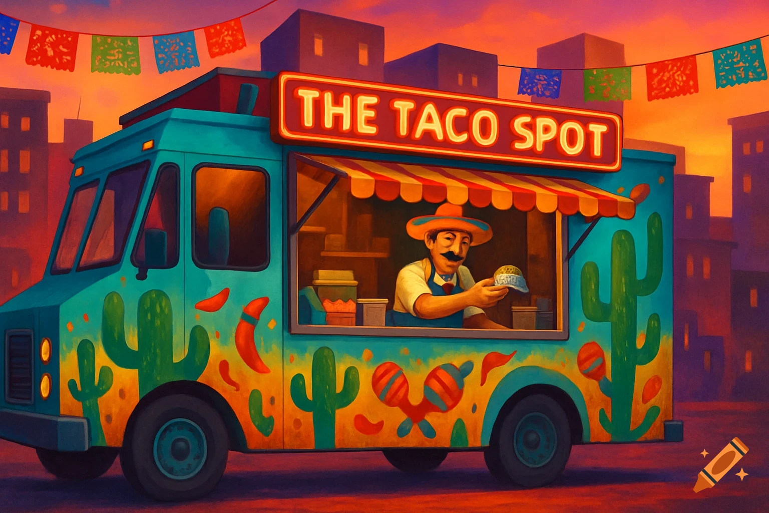 Vibrant illustration of a turquoise food truck named 'The Taco Spot' with a chef in a sombrero, against a sunset city background.