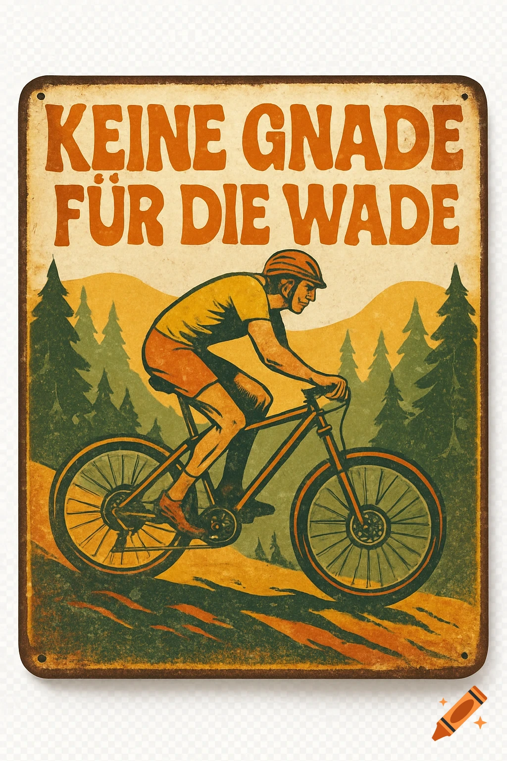 Vintage advertising sign featuring a cyclist in a mountainous forest with German text.