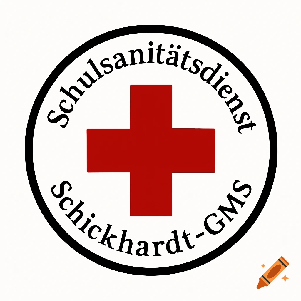 White circular logo with a black border, a red cross in the center, and curving black text 'Schulsanitätsdienst' and 'Schickhardt-GMS'.