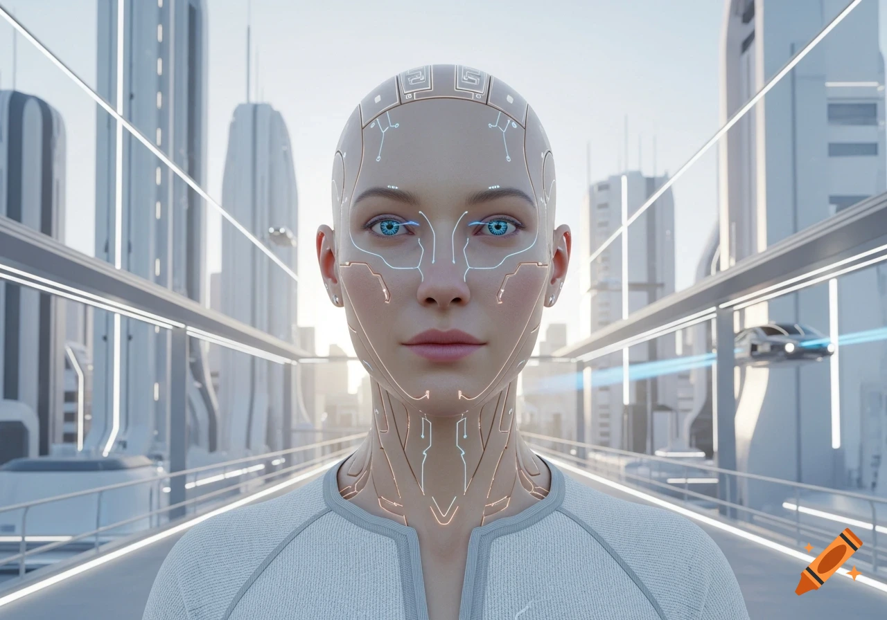 Photorealistic close-up of a human-like robot with glowing circuit patterns on its face and neck, standing in a bright, futuristic city with skyscrapers and flying vehicles.