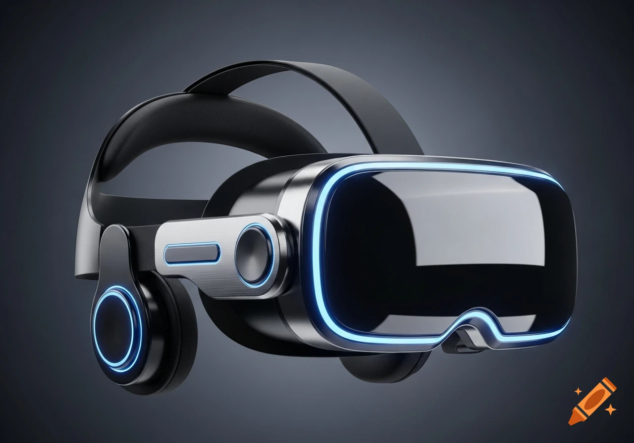 A sleek, modern VR headset with glowing blue accents and integrated headphones on a dark background.