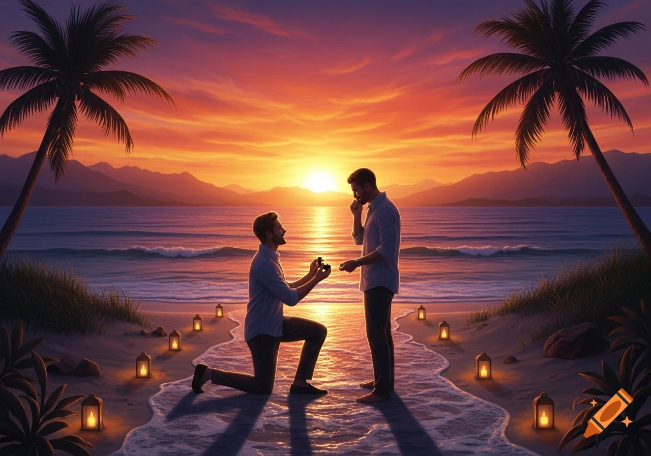 One man kneels on a sunset beach with palm trees and lanterns, proposing to another man.