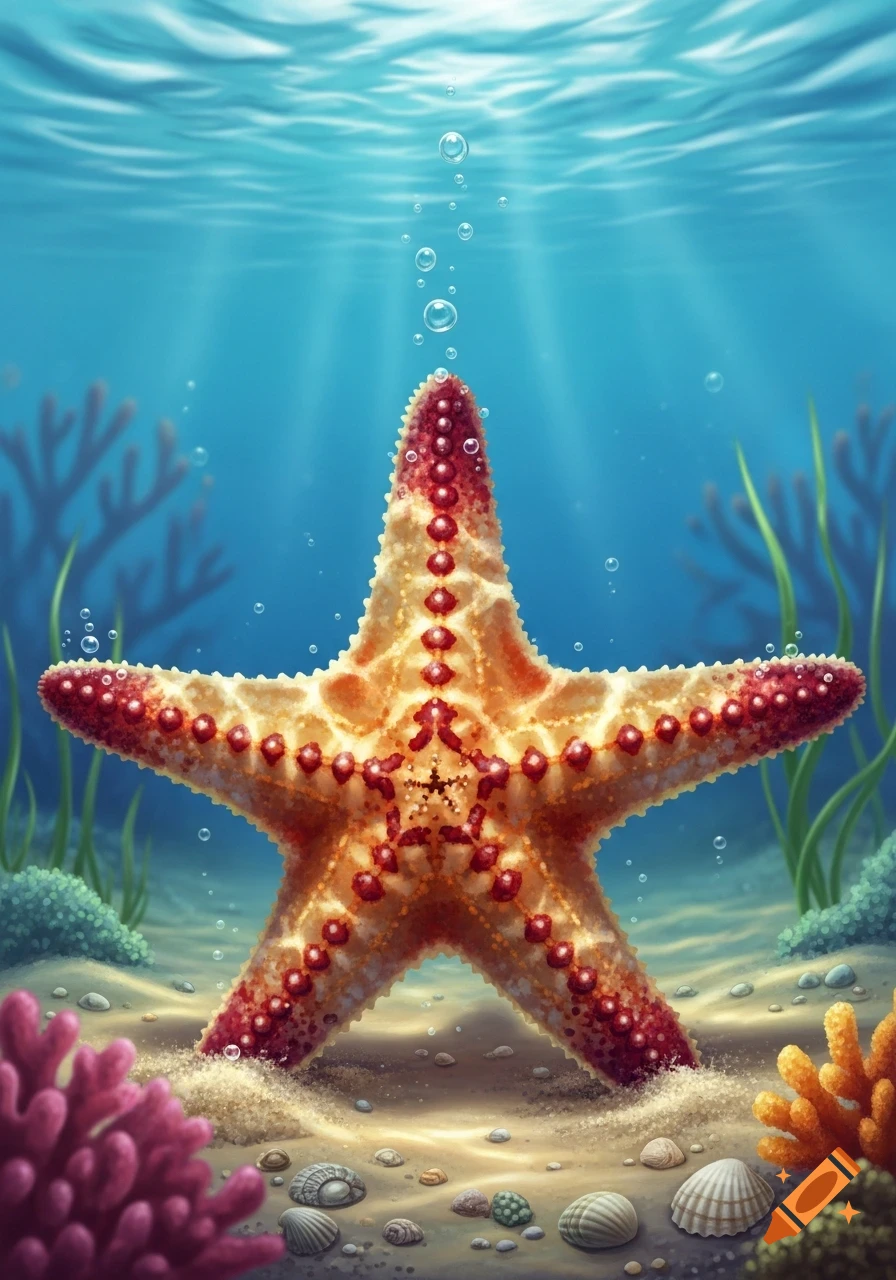 A detailed illustration of a red and orange starfish on a sandy seabed with corals and shells, illuminated by sun rays from above.