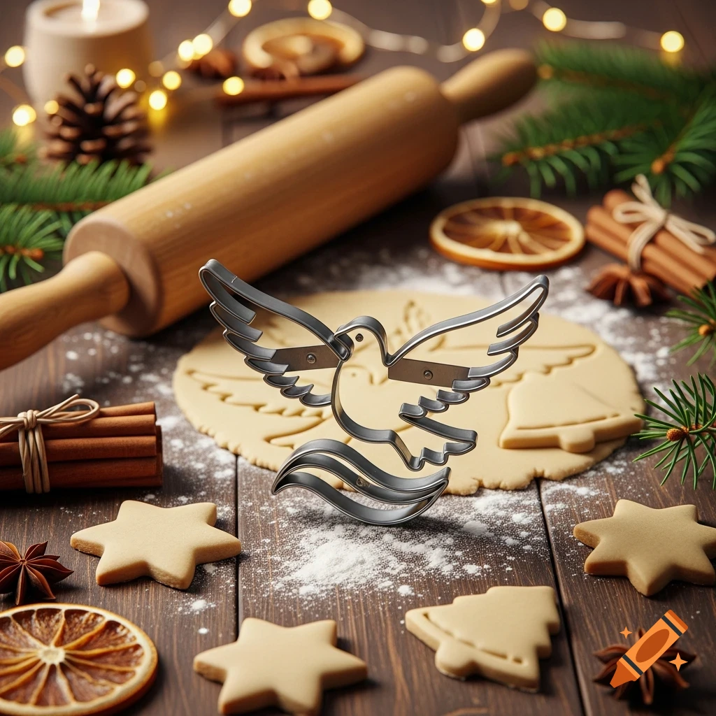 Photorealistic Christmas baking scene with a bird cookie cutter, dough, rolling pin, spices, pine branches, and warm lights on a wooden table.