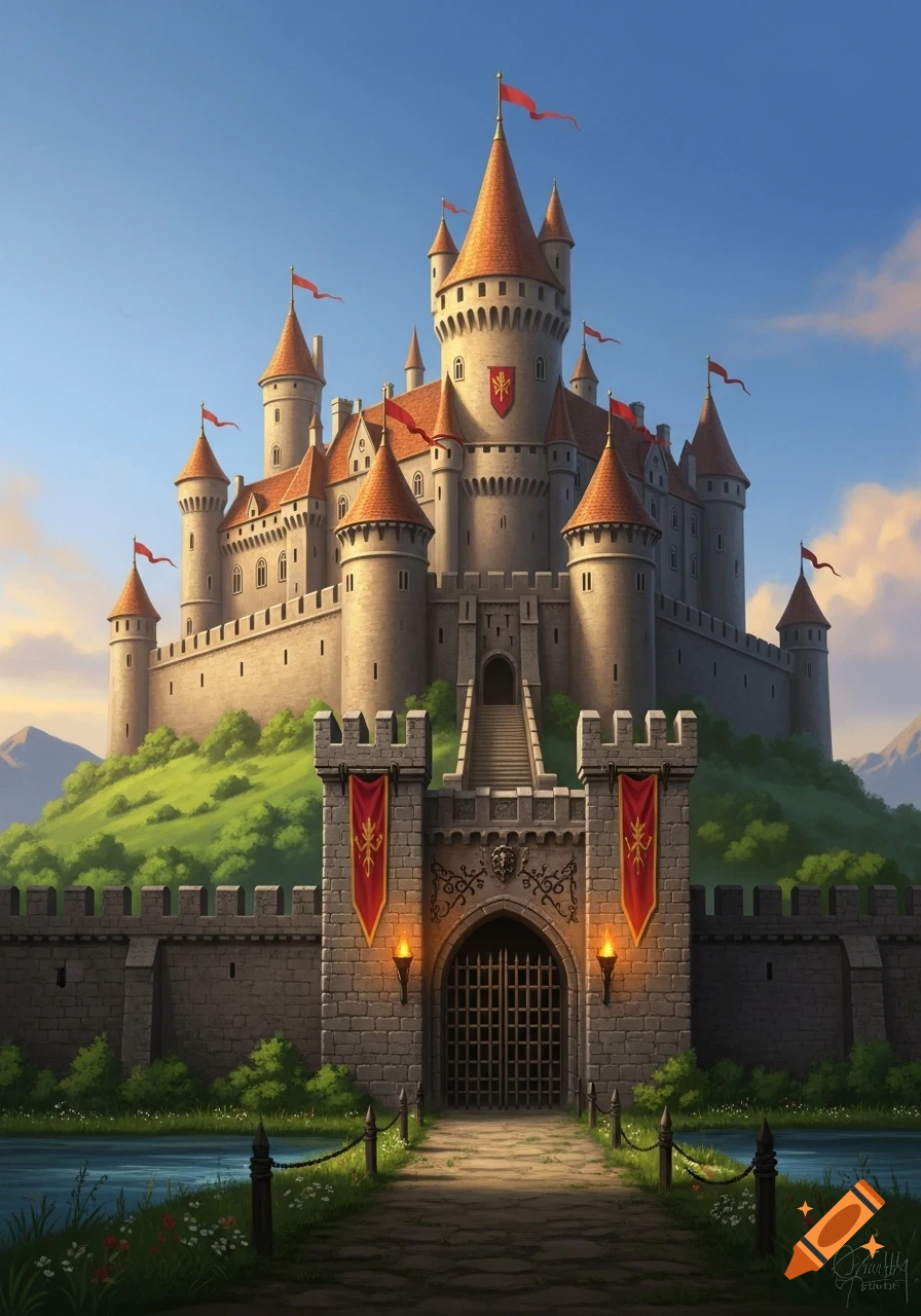 A magnificent medieval castle with red-roofed towers on a green hill, a grand gate, path, and river in a detailed illustration.