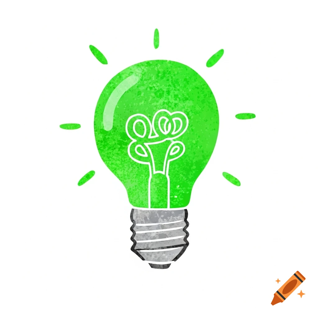 A green cartoon lightbulb with a textured, crayon-like appearance, showing light rays around it.