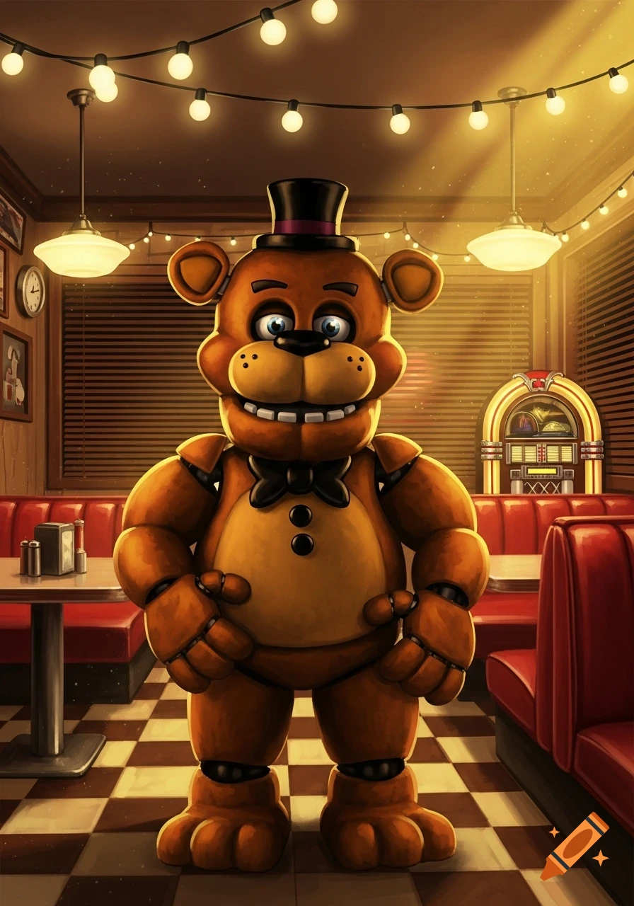 A stylized illustration of Freddy Fazbear standing in a warmly lit diner with red booths, string lights, and a jukebox.