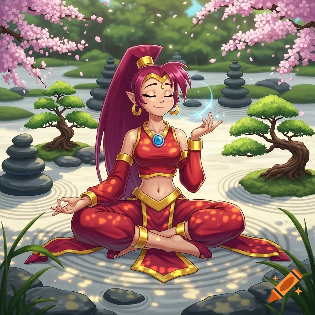 Anime-style character Shantae meditating peacefully with closed eyes in a tranquil zen garden adorned with cherry blossoms and bonsai trees.