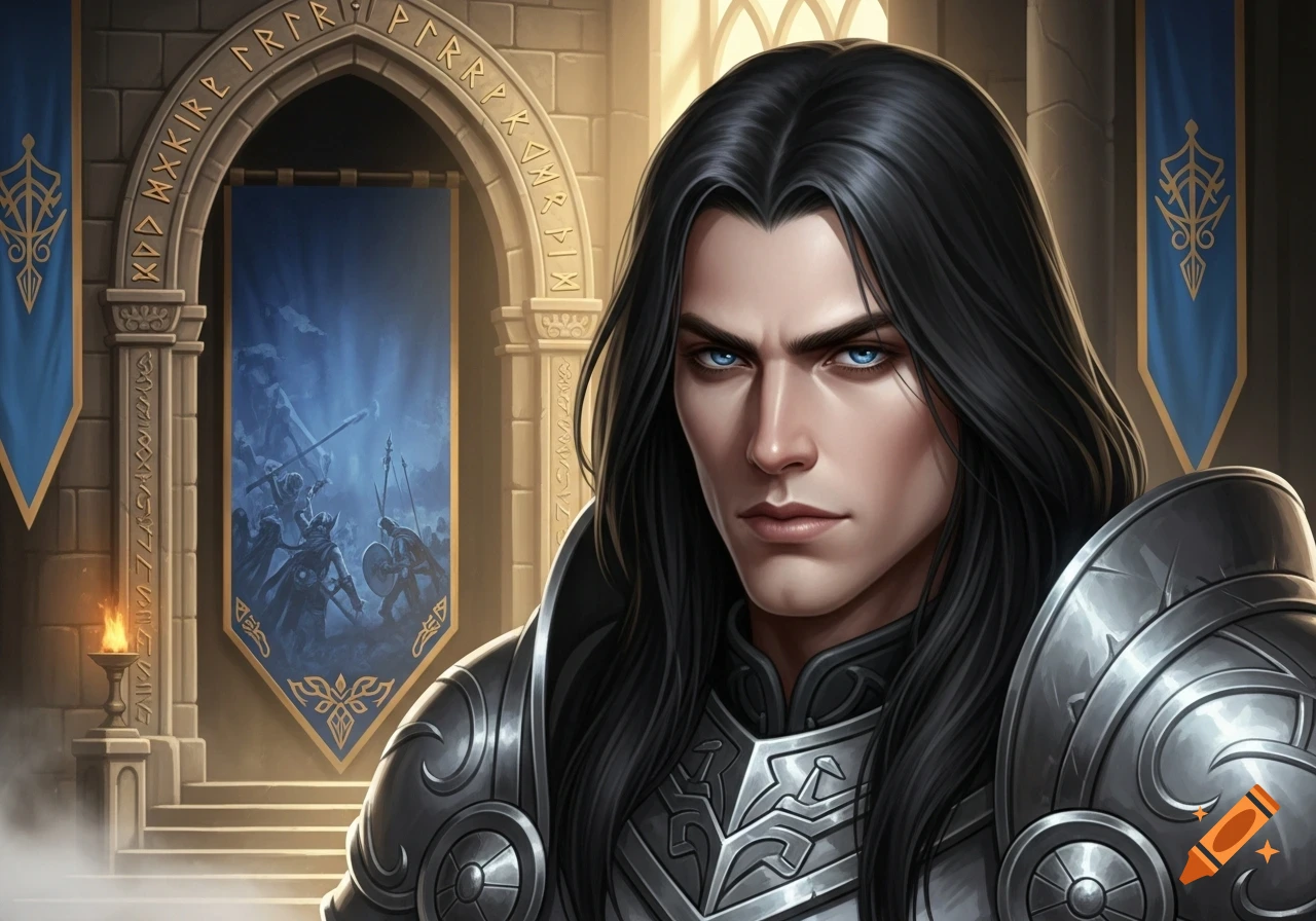 A stern, long-haired fantasy male in shining armor, with blue eyes, stands before a castle archway with runes and a banner depicting a battle.