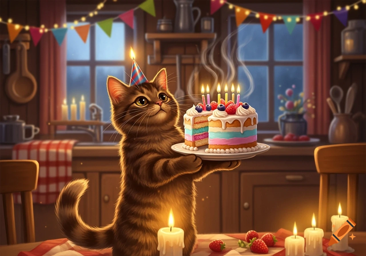 A cute brown tabby cat in a party hat holds a colorful birthday cake with lit candles and berries in a cozy, decorated kitchen.