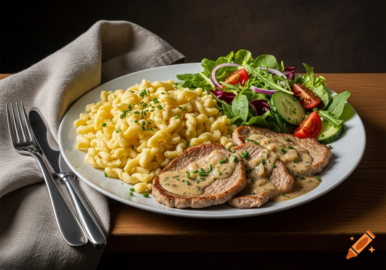 A photorealistic image of a plate with sliced meat in cream sauce, spaetzle, and a fresh green salad with tomatoes and cucumbers.