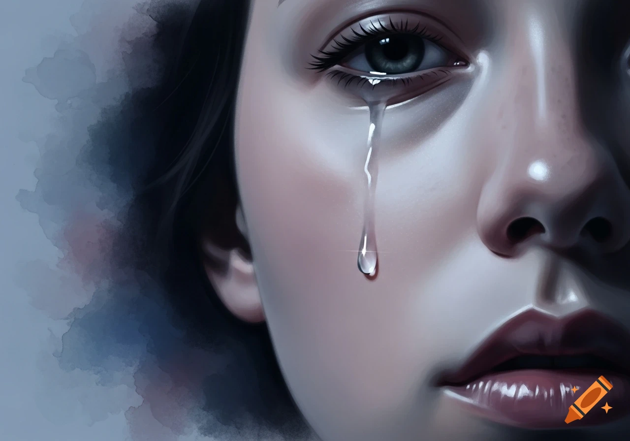 Close-up digital painting of a person's eye with a single tear falling, showing part of the nose and mouth.