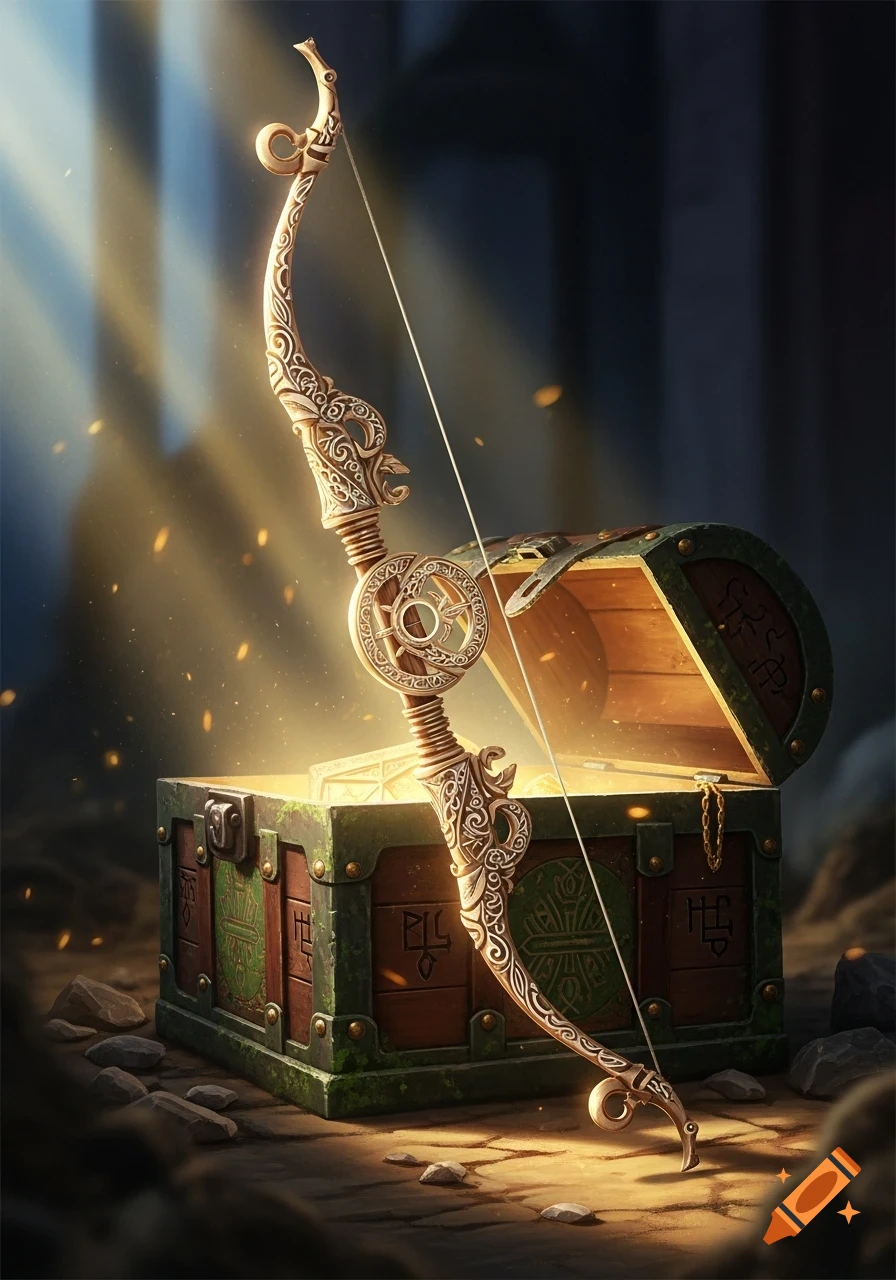 An ornate golden bow leans on an open, glowing treasure chest adorned with ancient symbols, bathed in light rays.
