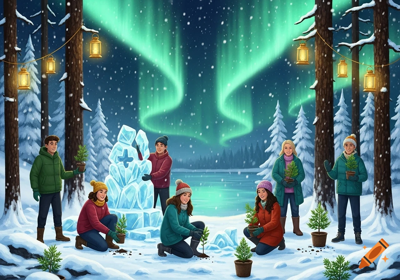 Six people in a snowy forest planting saplings and building an ice sculpture under the green aurora borealis, surrounded by lantern-lit trees.
