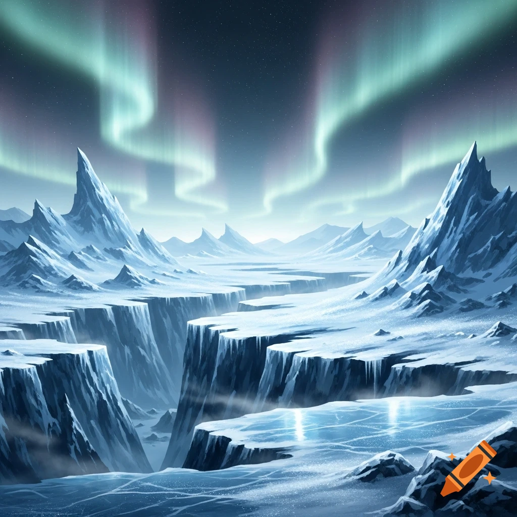 A dramatic icy landscape with jagged snow-covered mountains, deep blue ravines, and a vibrant green and purple aurora borealis under a starry night sky.