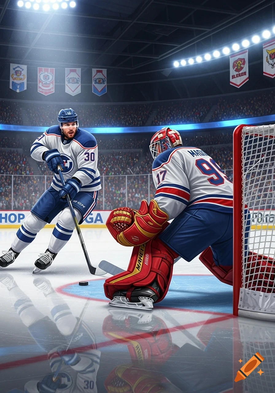 A hockey player in a blue and white jersey skates with a puck towards a goalie in red and white pads, on the ice in a stadium.