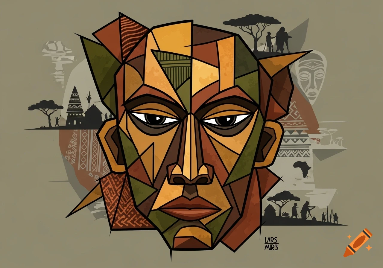 A cubist style African mask with geometric shapes in earth tones, surrounded by silhouettes of African landscapes and patterns.