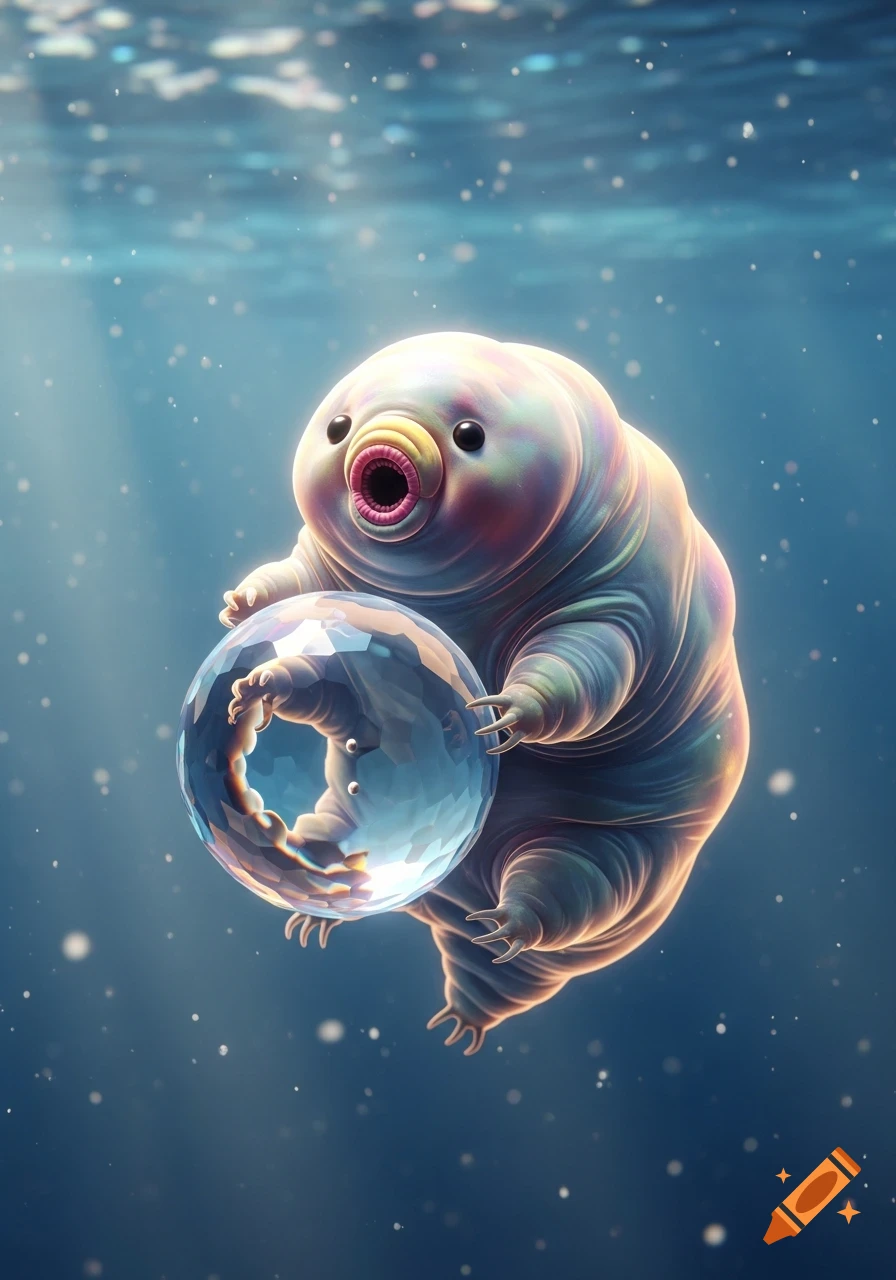 A colorful, cute tardigrade with a surprised expression, floating underwater and hugging a faceted crystal ball.