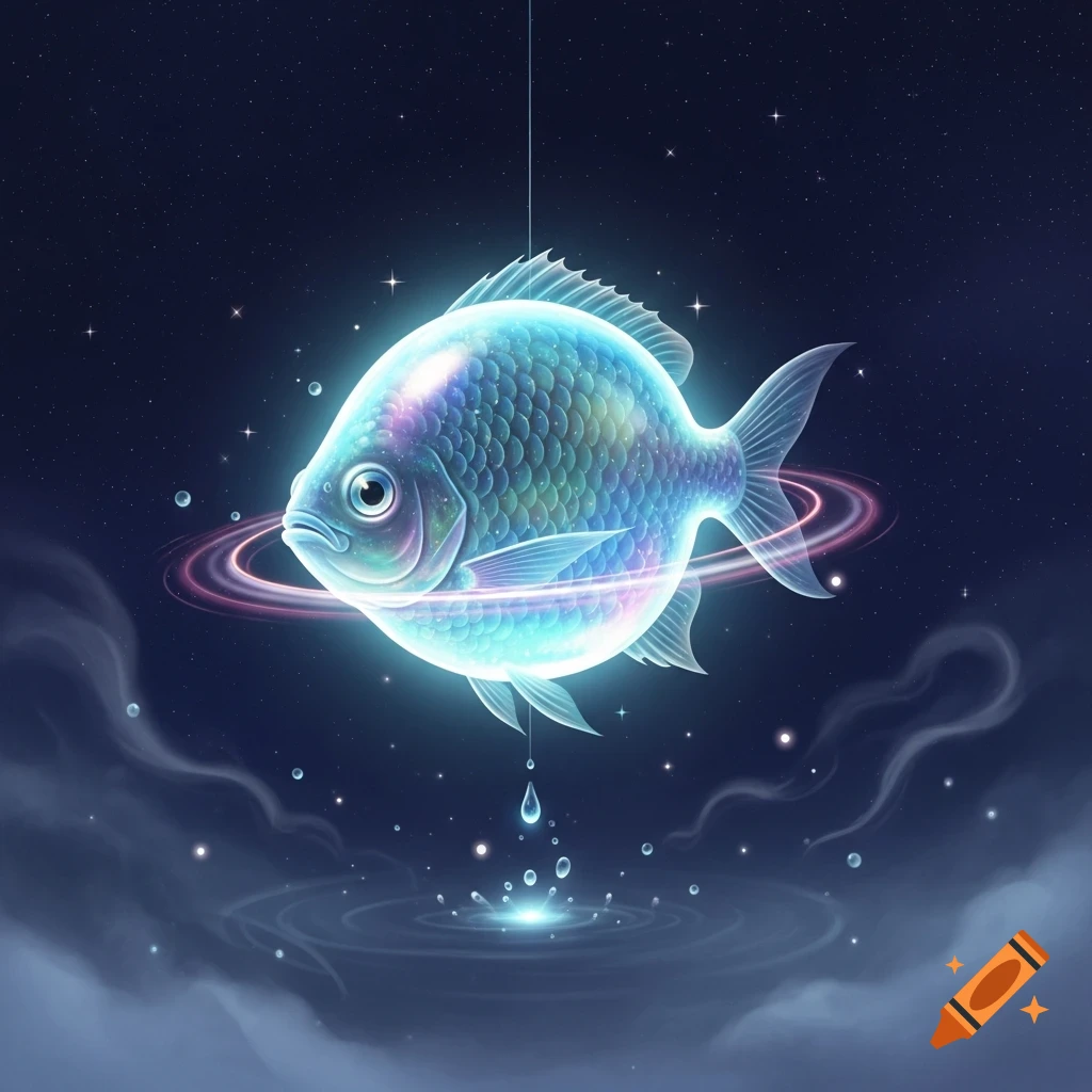 A glowing, iridescent fish with ethereal rings floats in a star-filled cosmic night sky, dripping water onto a mystical surface below.