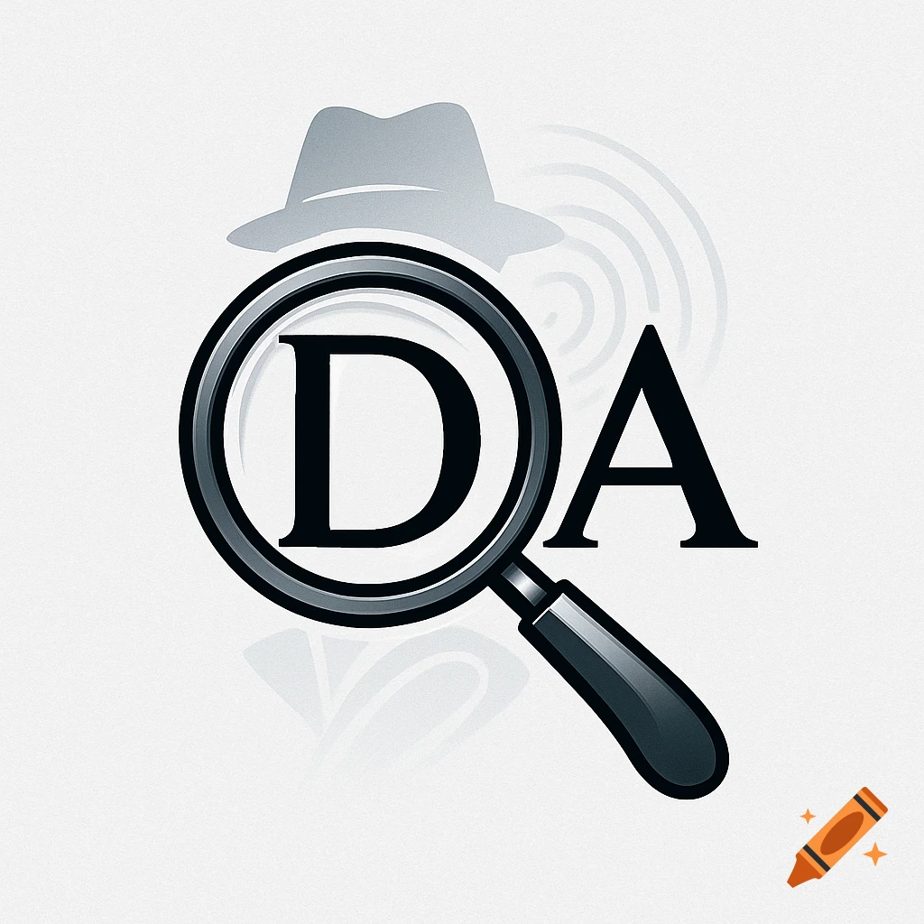 Detective agency logo with a magnifying glass over the letter D, a fedora hat, and the letter A on a light background.