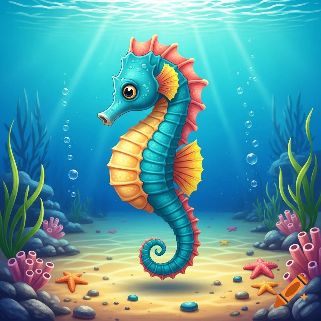 A vibrant teal and orange cartoon seahorse floats in a sunny blue underwater scene with coral, rocks, and starfish.