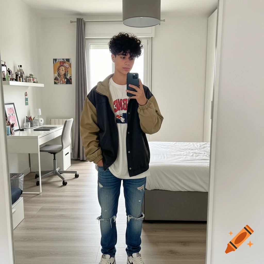 A young man in a two-toned jacket and ripped jeans takes a mirror selfie in a bedroom.