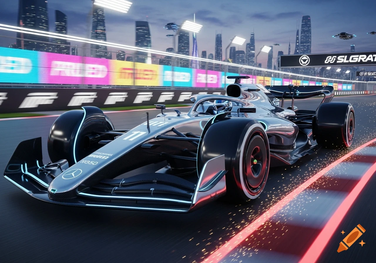 A sleek, silver futuristic Formula 1 car races on a neon-lit track with a modern city skyline in the background at dusk.