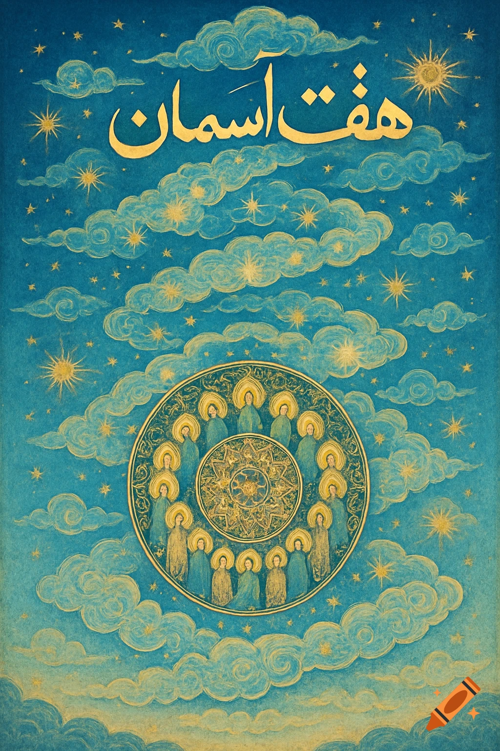 A stylized Persian book cover titled 'Haft Aseman' with golden script, blue sky, clouds, stars, and a central circle of haloed figures.