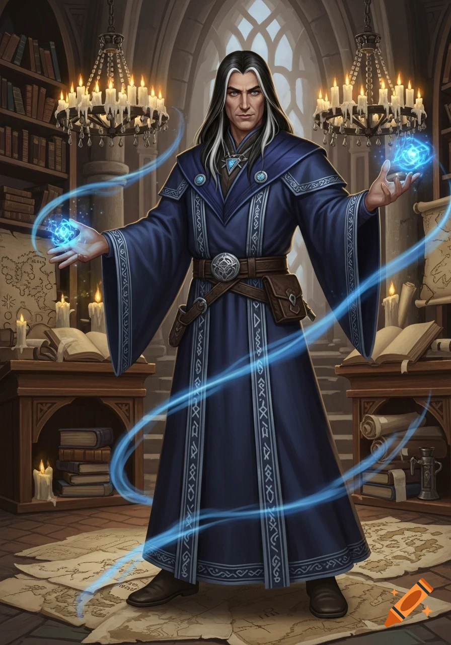 A long-haired wizard with gray streaks in a blue robe casts a spell with glowing hands in a candlelit library.