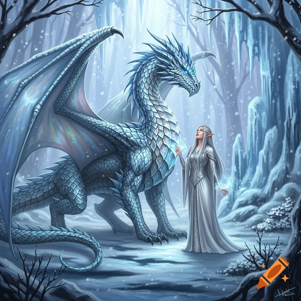 A majestic white-blue ice dragon stands beside an elegant elf in a snowy, icy forest with glowing magic.