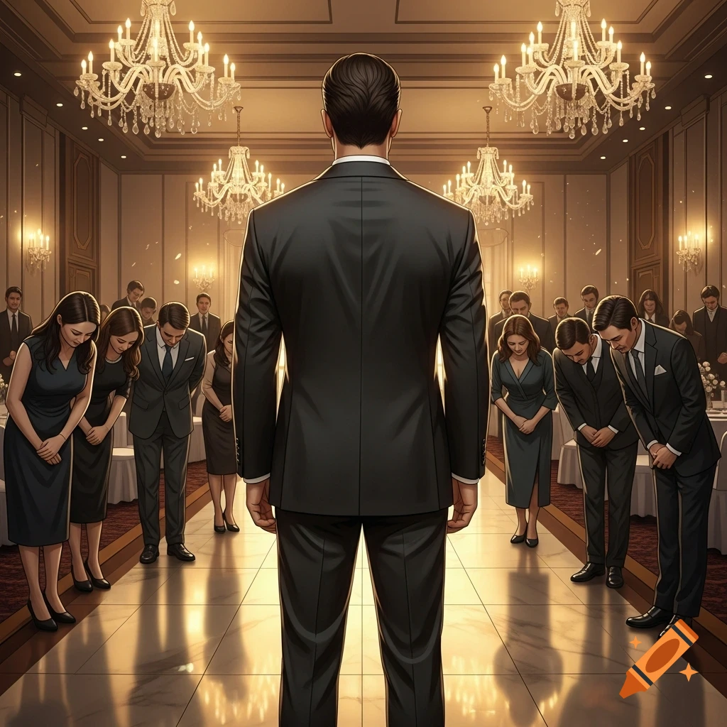 A man in a black suit stands with his back to the viewer, facing a group of people in formal attire bowing in a grand hall with chandeliers.