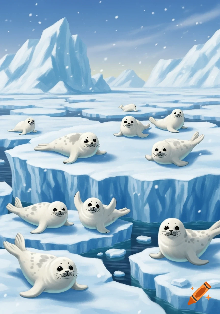 Cartoon harp seals rest and play on icebergs in a snowy arctic landscape with mountains, illustrated.