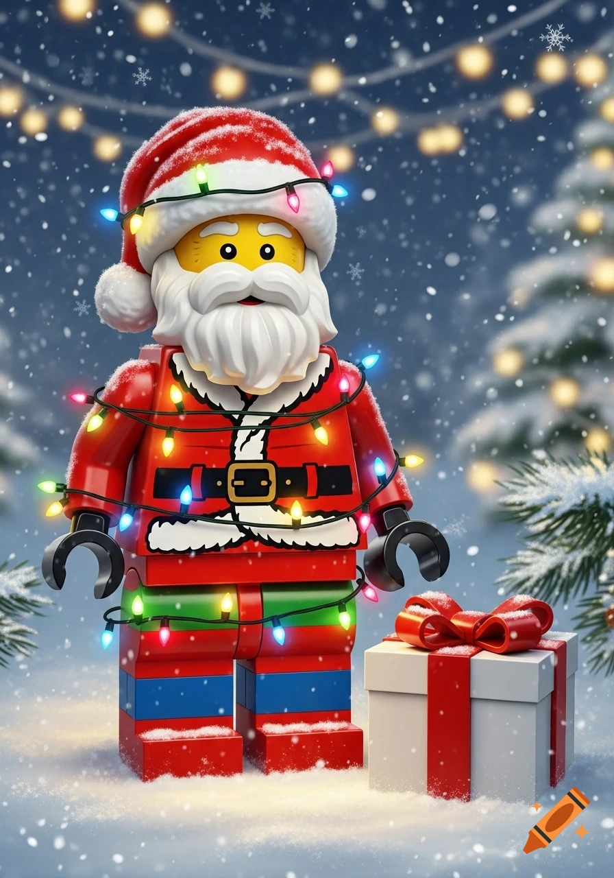 A Lego Santa Claus figure wrapped in colorful Christmas lights stands in snow next to a white gift box with a red bow.