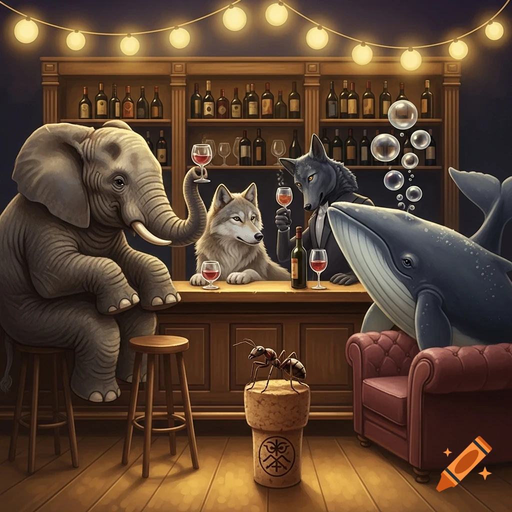 An elephant, a wolf, and a whale drink at a bar while an ant stands on a cork in the foreground, string lights above.
