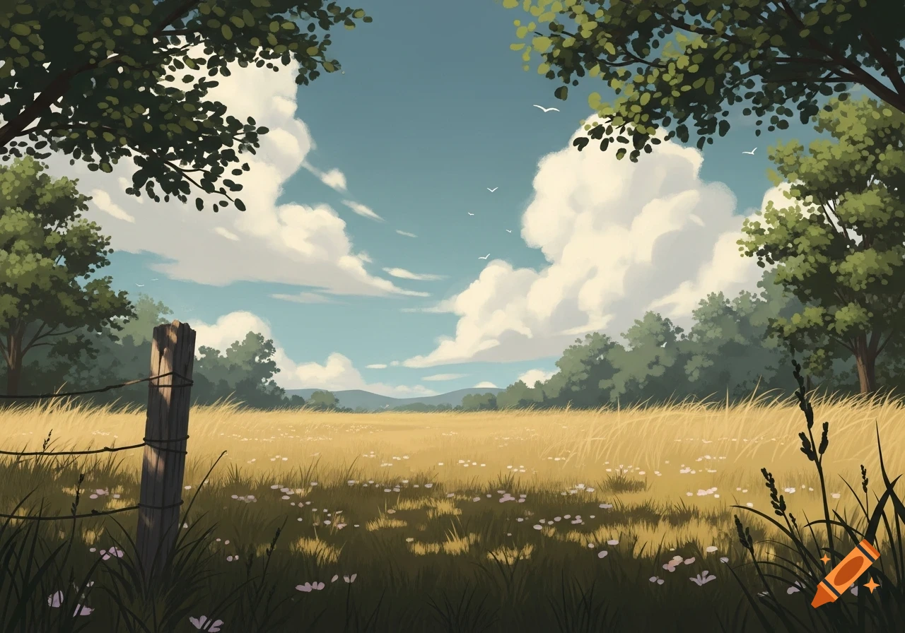 A lofi animated landscape featuring a golden grassy field, a wooden fence post, and lush green trees under a blue sky with fluffy clouds.