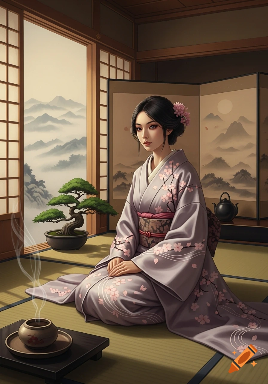 A Japanese woman in a light purple kimono sits in a traditional room overlooking misty mountains and a bonsai tree, digital art.